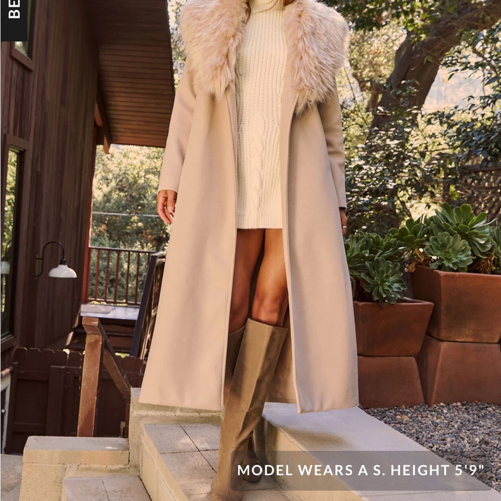 Vici Cream Long Coat with Faux Fur Collar